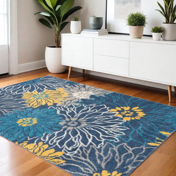 4' X 6' Blue And Gold Floral Area Rug