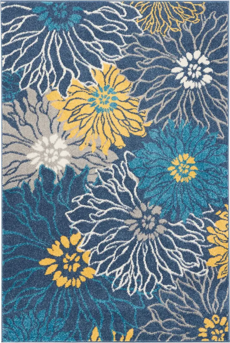 4' X 6' Blue And Gold Floral Area Rug