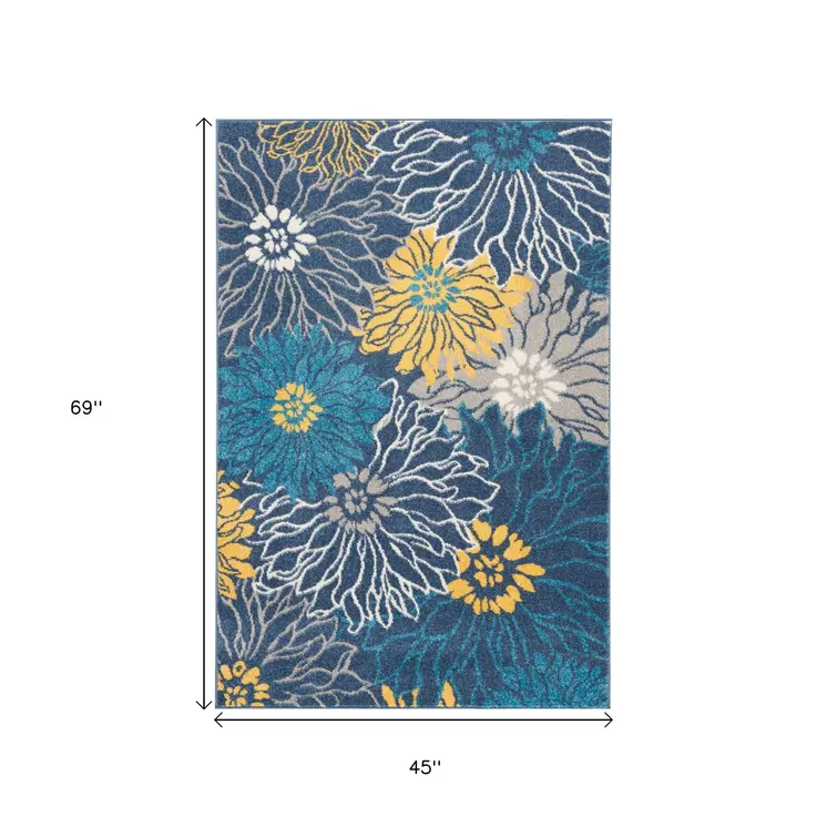 4' X 6' Blue And Gold Floral Area Rug