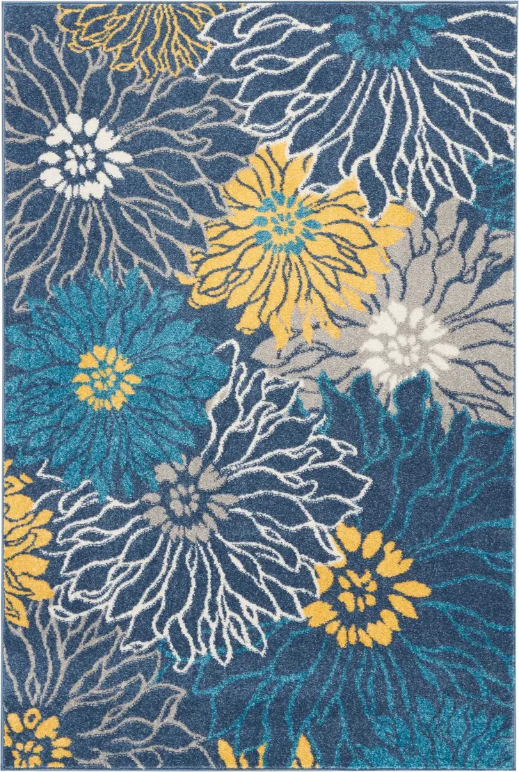 4' X 6' Blue And Gold Floral Area Rug