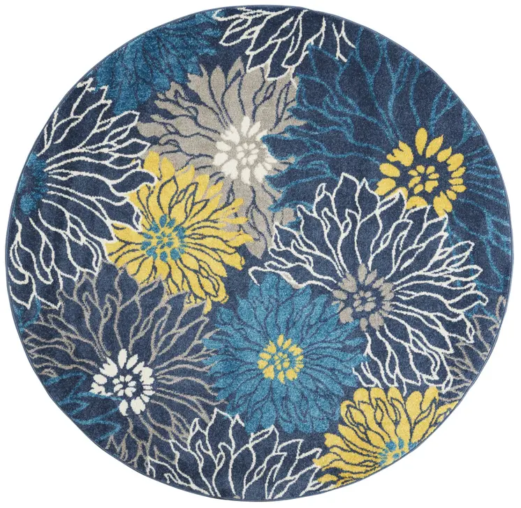 4' Blue And Gold Floral Round Rug