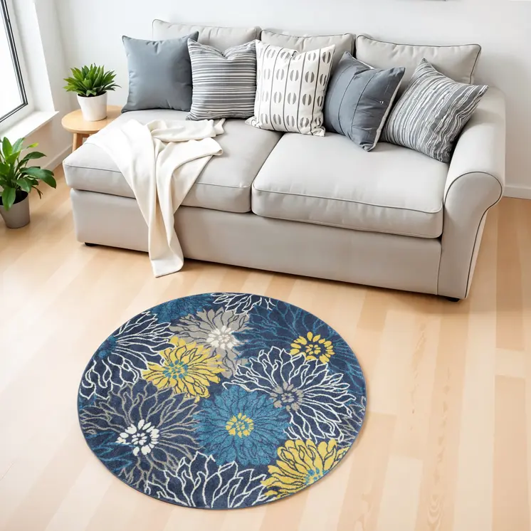 4' Blue And Gold Floral Round Rug