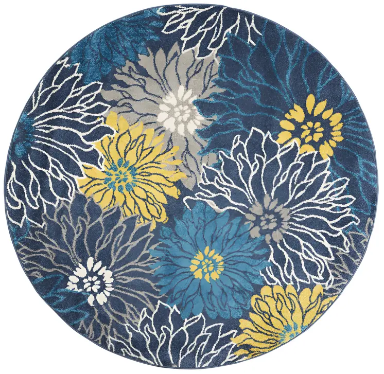 4' Blue And Gold Floral Round Rug