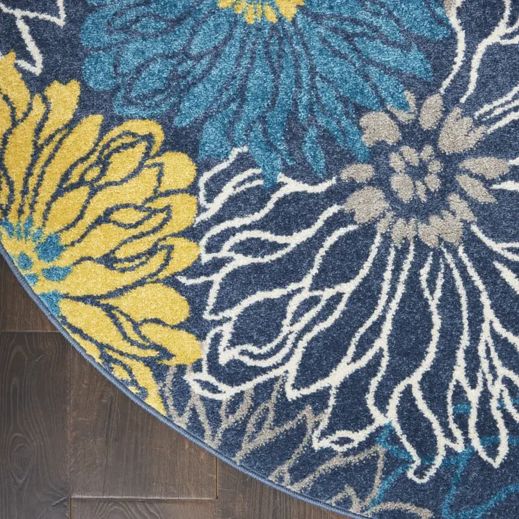 4' Blue And Gold Floral Round Rug