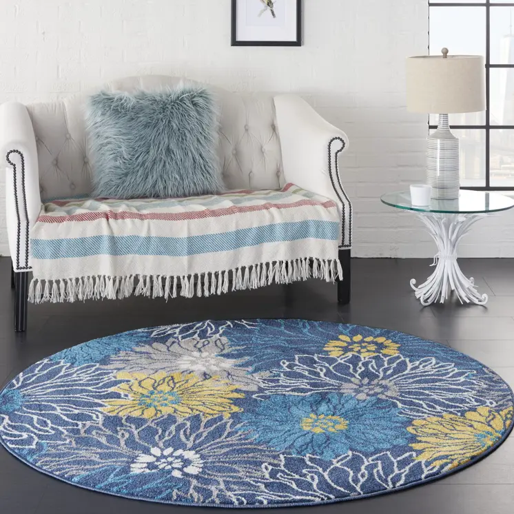 4' Blue And Gold Floral Round Rug