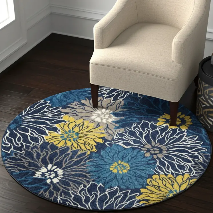 4' Blue And Gold Floral Round Rug