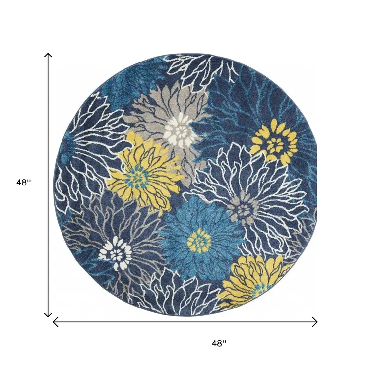 4' Blue And Gold Floral Round Rug