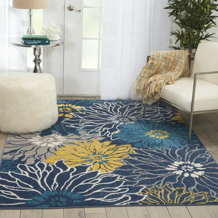 5' X 7' Blue And Gold Floral Area Rug