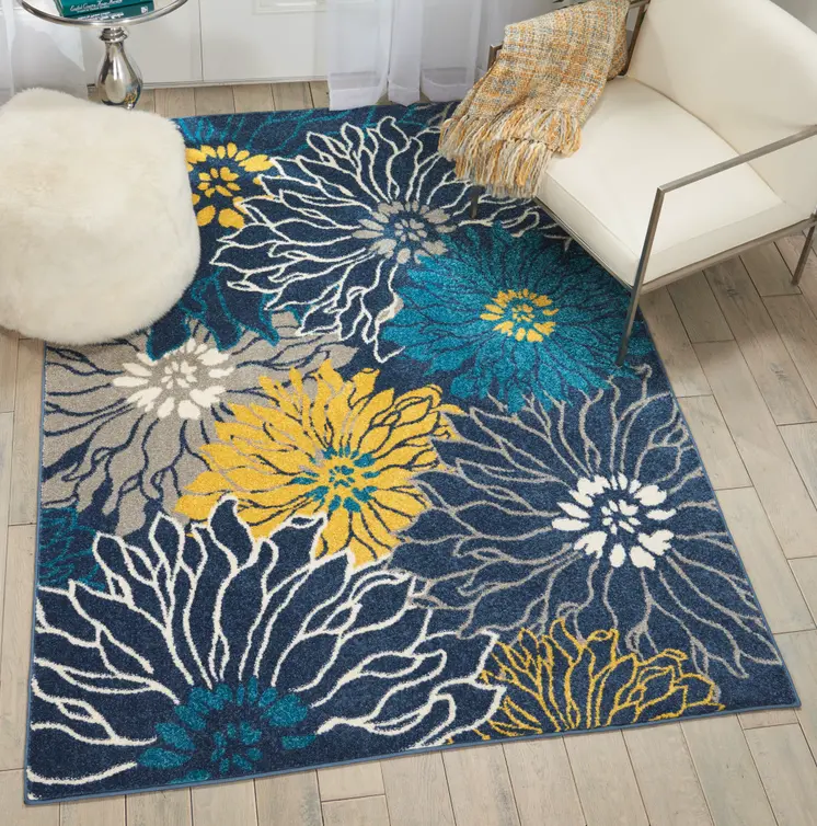 5' X 7' Blue And Gold Floral Area Rug