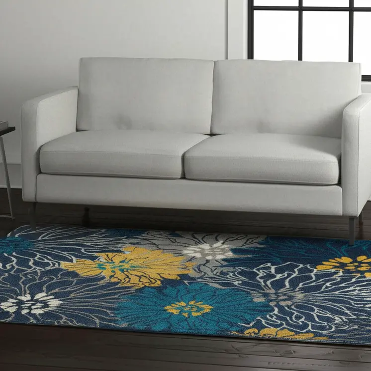 5' X 7' Blue And Gold Floral Area Rug