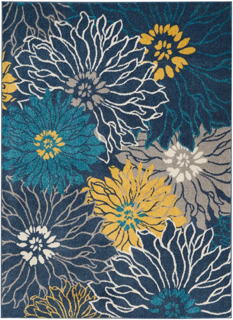 5' X 7' Blue And Gold Floral Area Rug