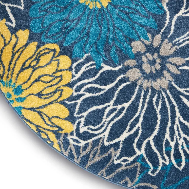 5' Blue And Gold Floral Round Rug