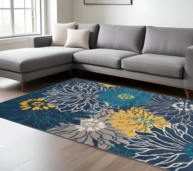 7' X 10' Blue And Gold Floral Area Rug