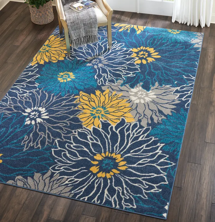 7' X 10' Blue And Gold Floral Area Rug