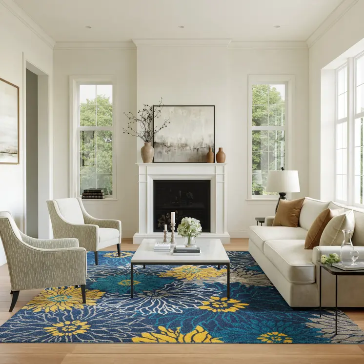 8' X 10' Blue And Gold Floral Area Rug