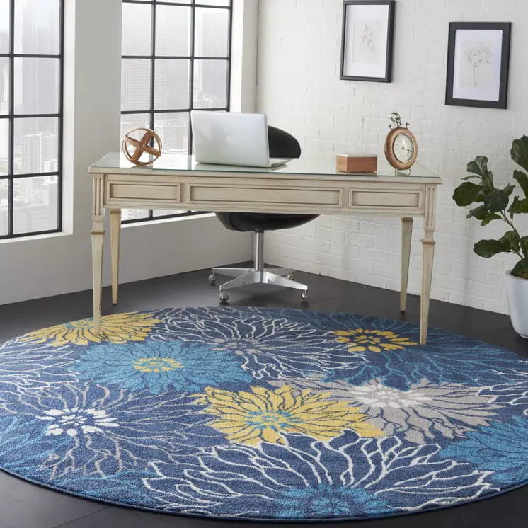 8' Blue And Gold Floral Round Rug
