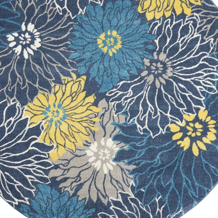 8' Blue And Gold Floral Round Rug