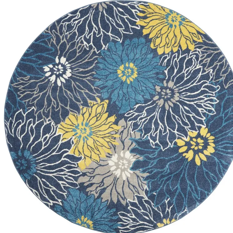 8' Blue And Gold Floral Round Rug