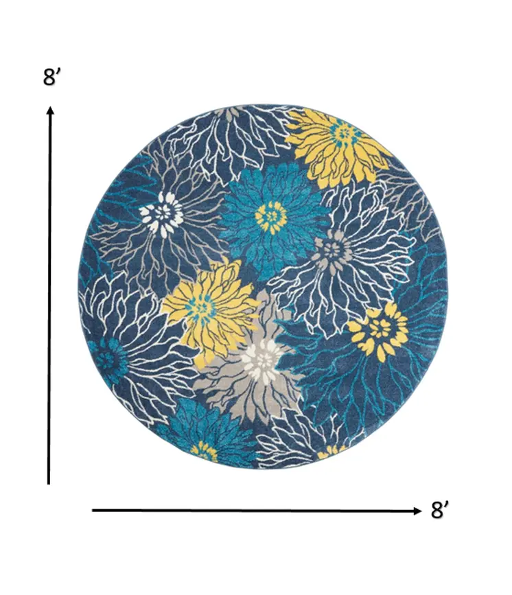 8' Blue And Gold Floral Round Rug