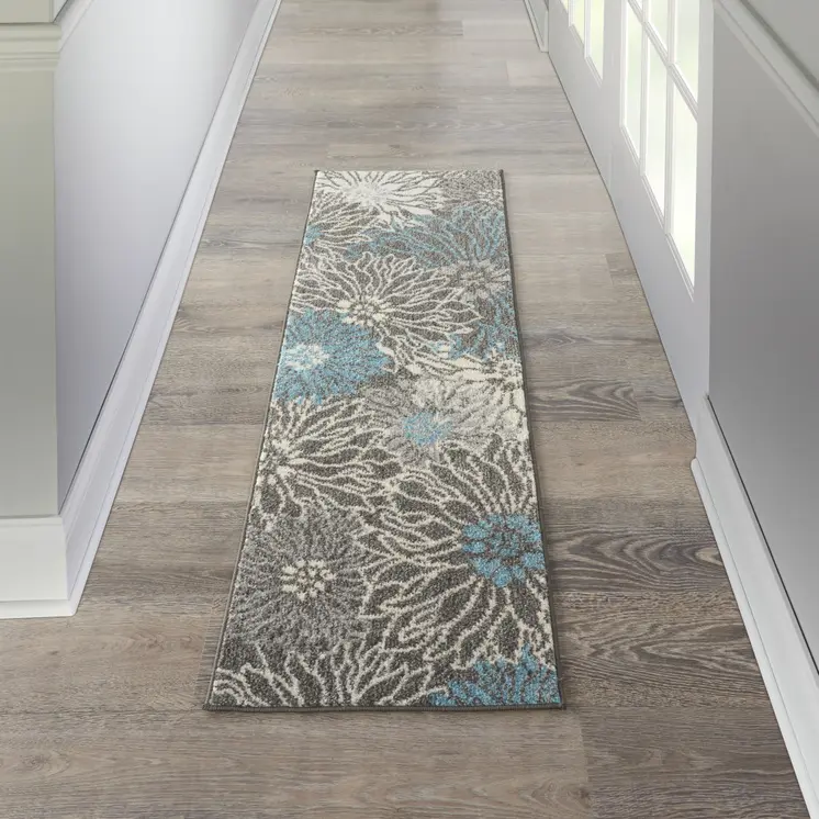 6' Blue And Gray Floral Runner Rug