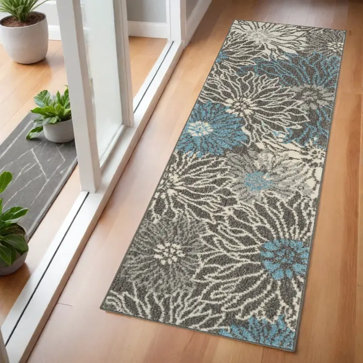 6' Blue And Gray Floral Runner Rug