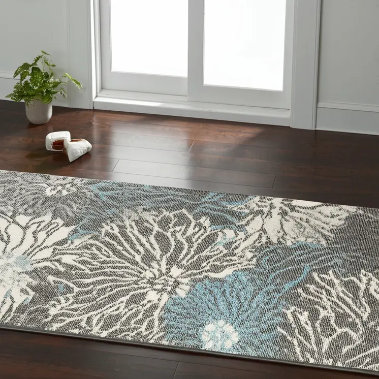 6' Blue And Gray Floral Runner Rug
