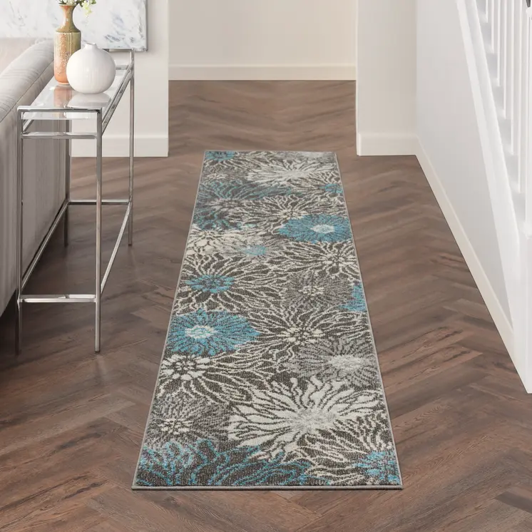 10' Blue And Gray Floral Runner Rug