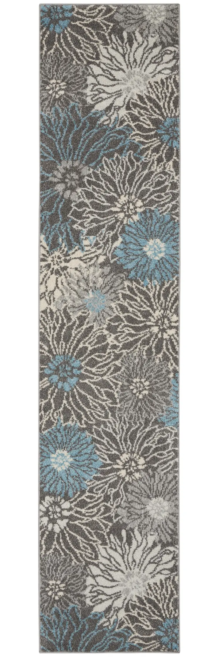 10' Blue And Gray Floral Runner Rug