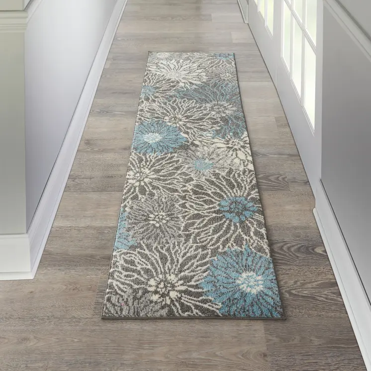 8' Blue And Gray Floral Runner Rug