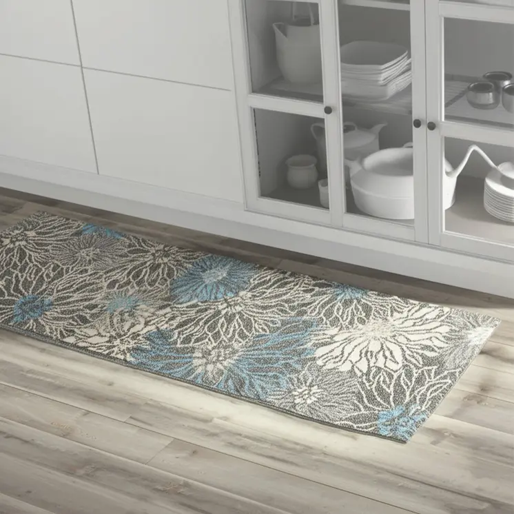 8' Blue And Gray Floral Runner Rug