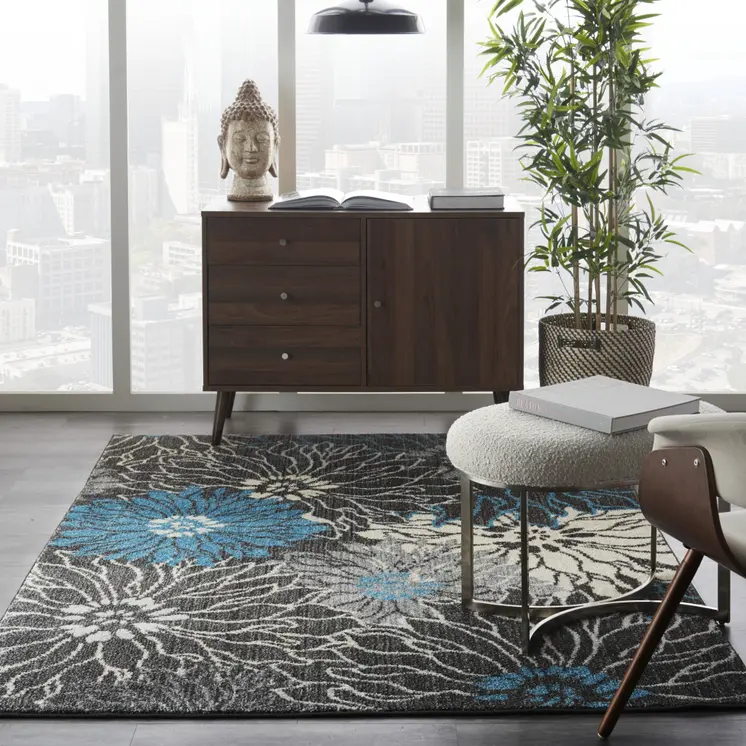 4' X 6' Blue And Gray Floral Area Rug