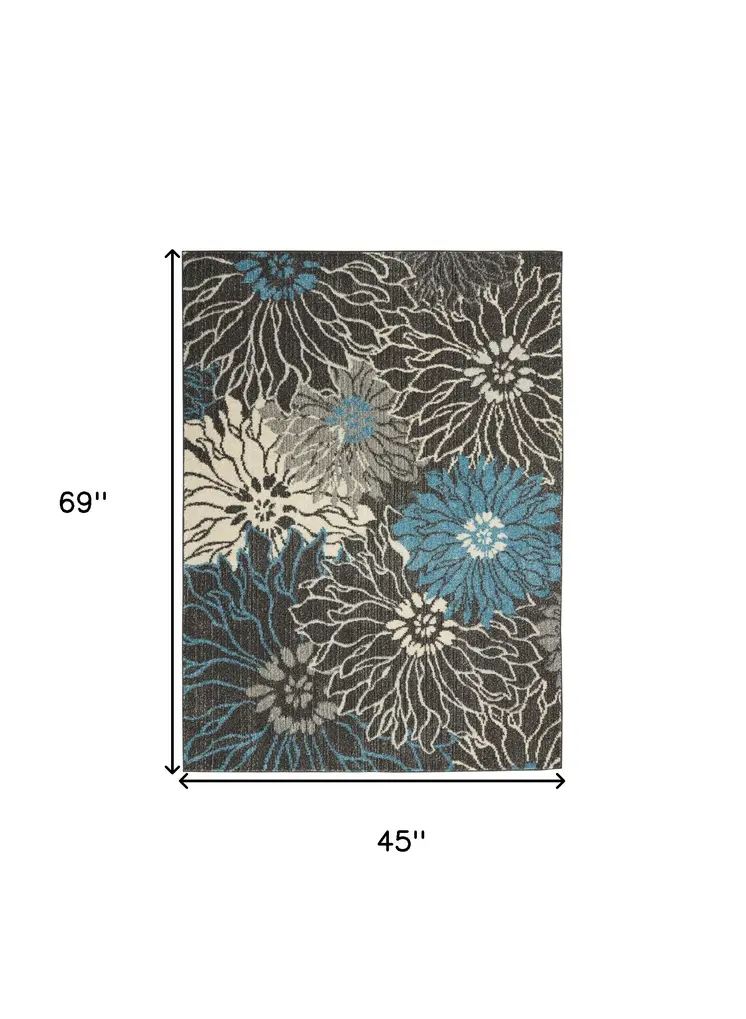 4' X 6' Blue And Gray Floral Area Rug