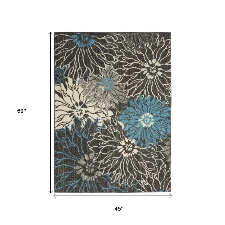 4' X 6' Blue And Gray Floral Area Rug