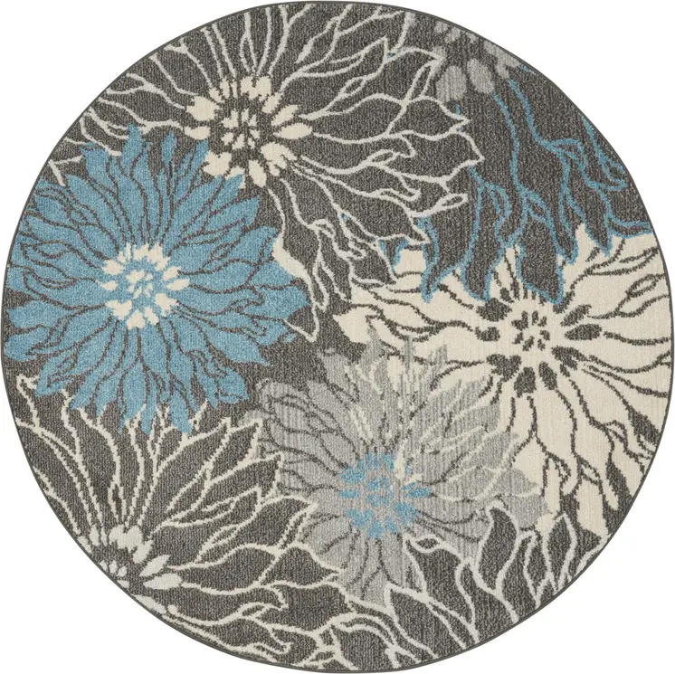 4' Blue And Gray Floral Round Rug