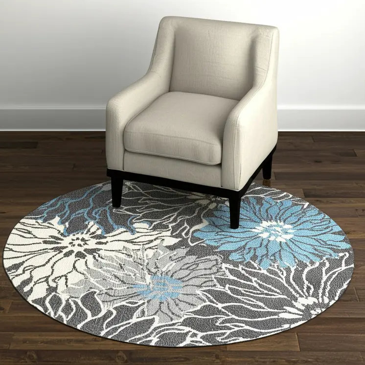 4' Blue And Gray Floral Round Rug