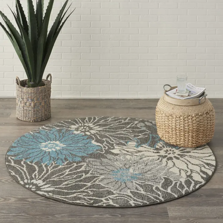 4' Blue And Gray Floral Round Rug