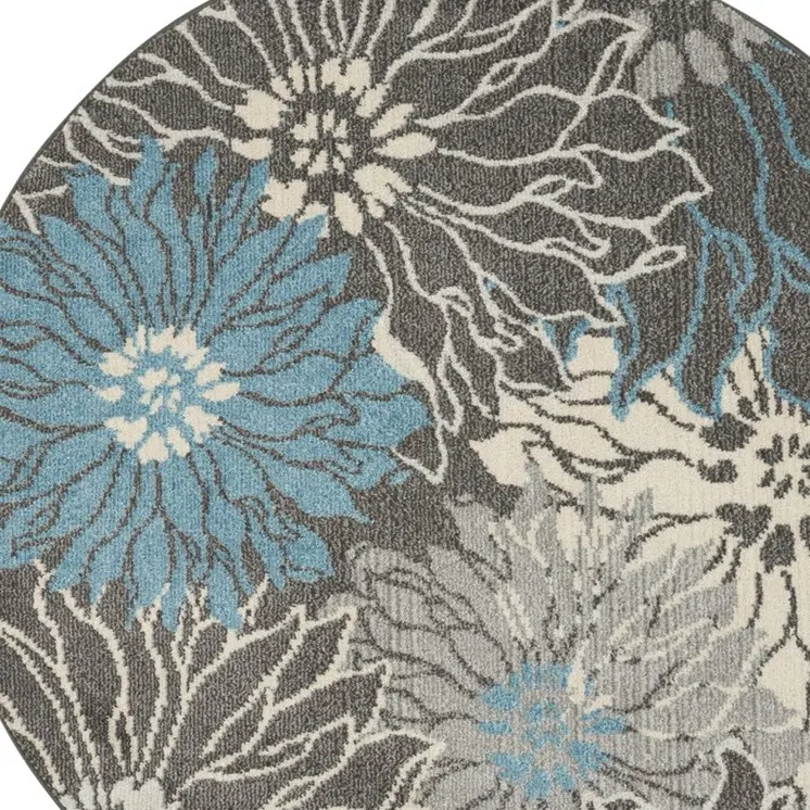 4' Blue And Gray Floral Round Rug