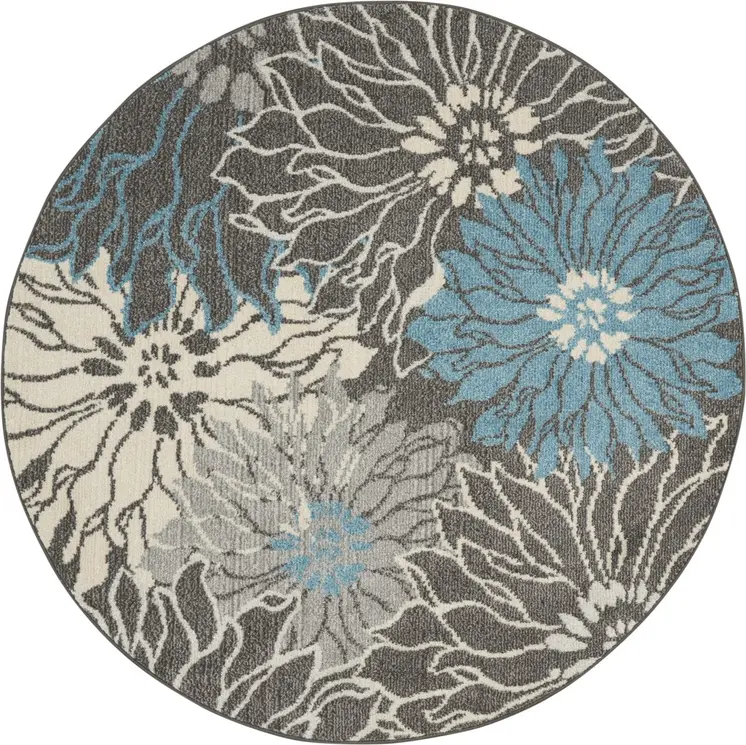 4' Blue And Gray Floral Round Rug
