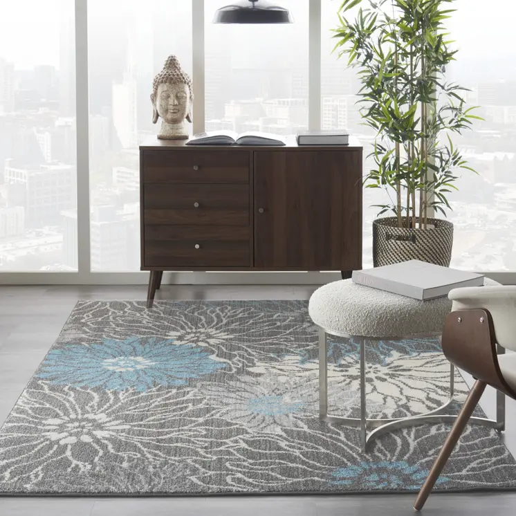 5' X 7' Blue And Gray Floral Area Rug