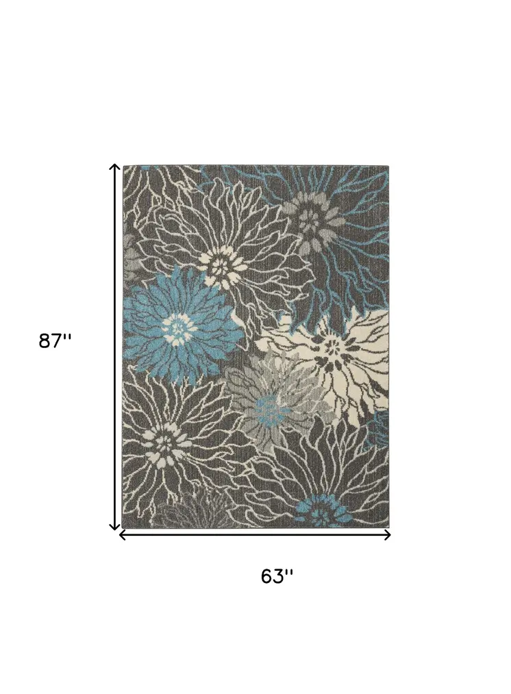 5' X 7' Blue And Gray Floral Area Rug