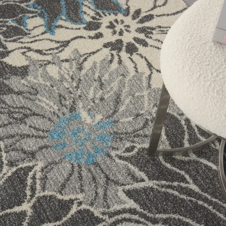 5' X 7' Blue And Gray Floral Area Rug