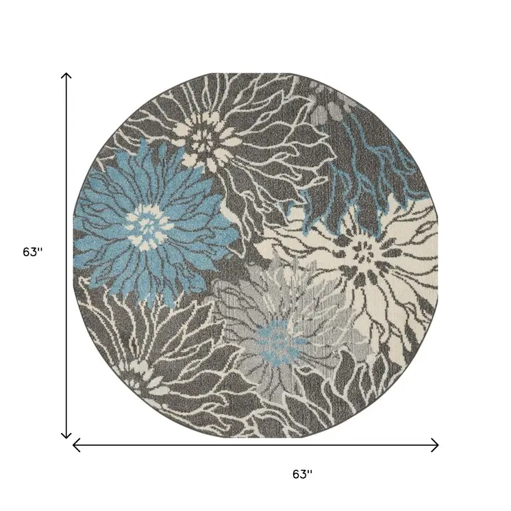 5' Blue And Gray Floral Round Rug