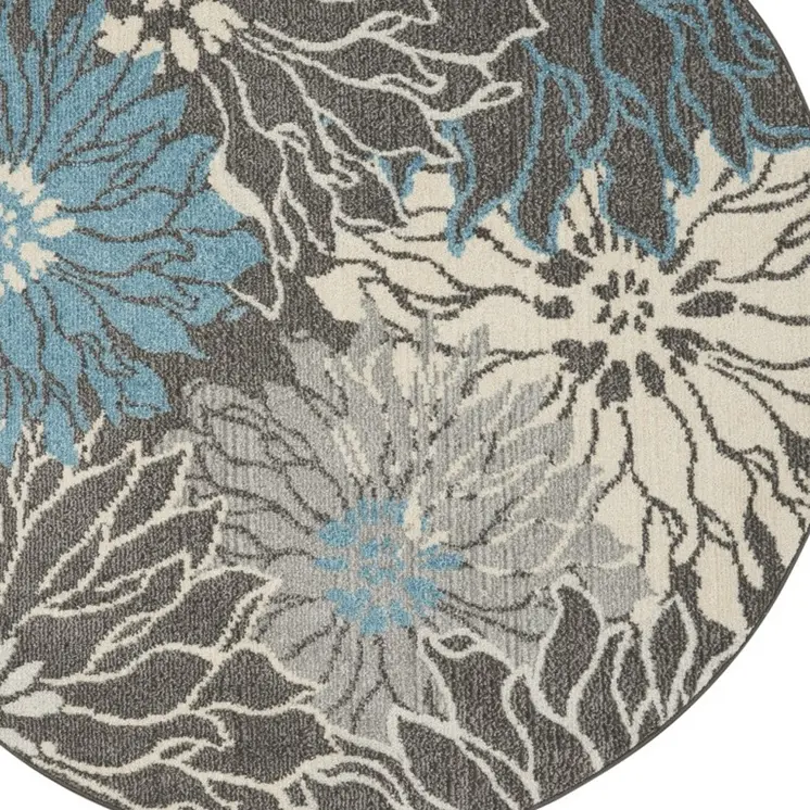 5' Blue And Gray Floral Round Rug
