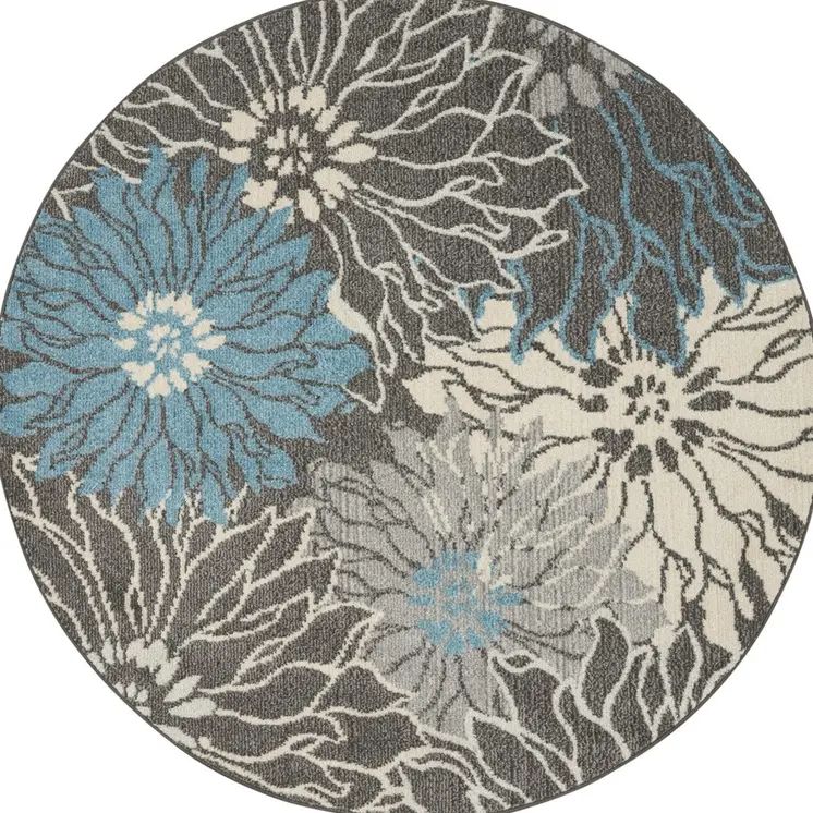 5' Blue And Gray Floral Round Rug