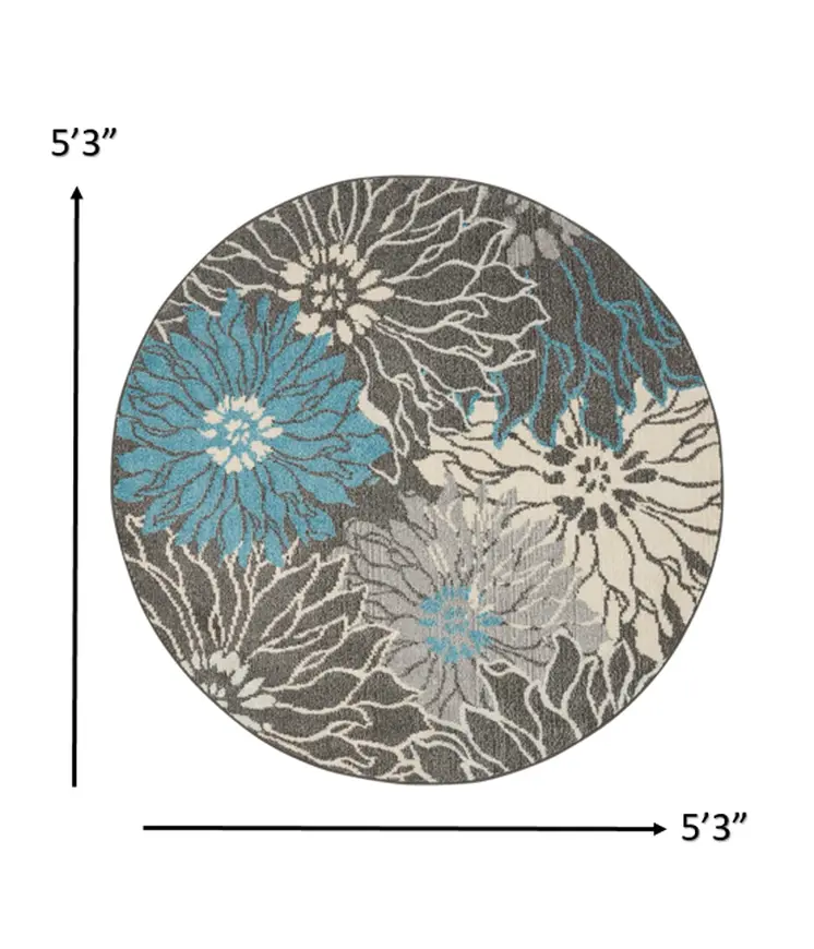 5' Blue And Gray Floral Round Rug