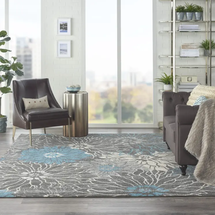 7' X 10' Blue And Gray Floral Area Rug