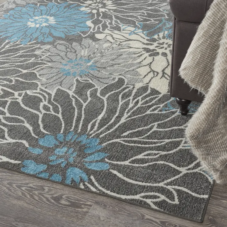 7' X 10' Blue And Gray Floral Area Rug