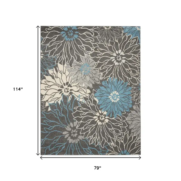 7' X 10' Blue And Gray Floral Area Rug