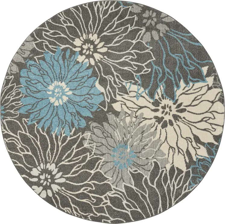8' Blue And Gray Floral Round Rug