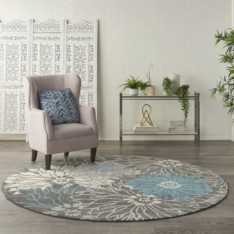 8' Blue And Gray Floral Round Rug